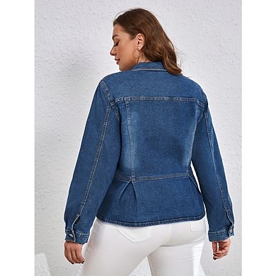Women's Plus Size Vintage Denim Jacket Slim Fit Coat Long Sleeve Button Down Jacket With Ruffle Hem