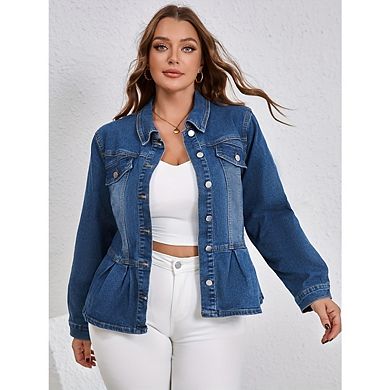 Women's Plus Size Vintage Denim Jacket Slim Fit Coat Long Sleeve Button Down Jacket With Ruffle Hem