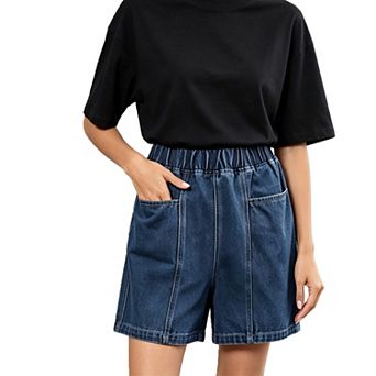 Womens Elastic High Waist Denim Shorts Summer Casual Loose Fit Jean Shorts with Pockets
