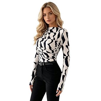 Women's Geometric Graphic Tops Mock Neck Long Sleeve T Shirts Fitted Ruffled Trim Tops