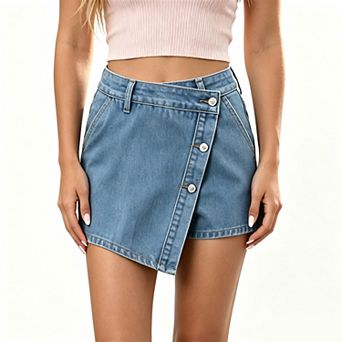 Women's High Waist Wrap Denim Skort Button Front Layered Skirt Shorts Casual Jean Bottoms