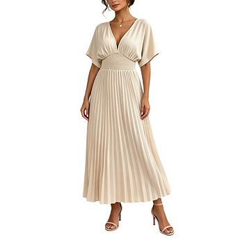 Women V Neck Dolman Short Sleeve Smocked Waist Pleated Flowy Midi Dress Dressy Swing Long Dress