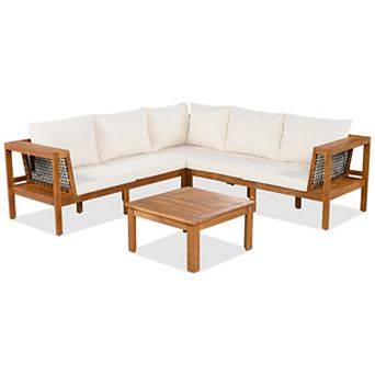 Trikiousd 4 pc Acacia Wood L-Shaped Patio Sofa Set with Cushions and Table
