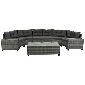 Trikiousd 8 pc Outdoor Wicker Half-Moon Sectional Sofa Set with Cushions and Tables