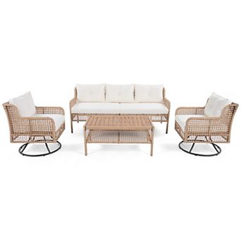 Trikiousd 4 pc Outdoor Wicker Patio Conversation Set with Swivel Chairs and Wood Table