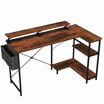 58" Reversible L-Shaped Corner Desk with Storage Bag, Power Outlet, LED, Monitor Shelf & CPU Stand