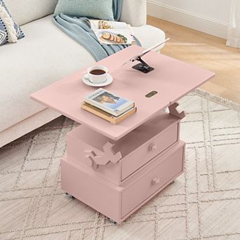 KWPZQEB Multi-functional Lift Top Table with Charging Station & Wheels, Coffee Table with 2 Drawers