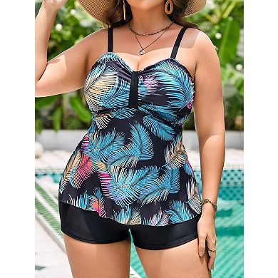 Elitechoice Women’s Plus Size Two-Piece Tankini Print Top with Black Shorts Bathing Suit