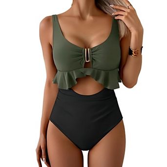 Elitechoice Women's Ruffled One Piece Swimsuit U Neck Cutout Bathing Suit Beach Swimwear