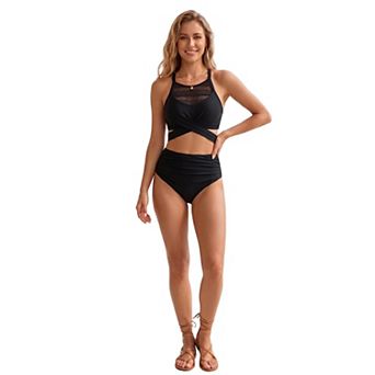 Elitechoice Two-Piece Bikini Swimsuit for Women Mesh Neckline Top Bathing Suits