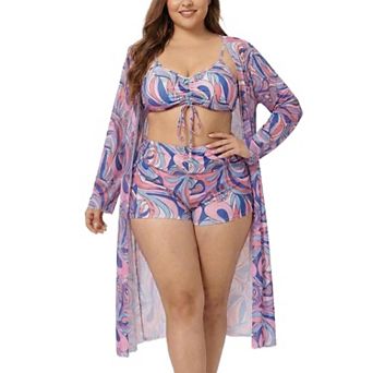 Elitechoice Retro 3 pc Plus Size Bikini Print Cover Up Swimwear for Curvy Women