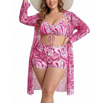Elitechoice Retro 3 pc Plus Size Bikini Print Cover Up Swimwear for Curvy Women