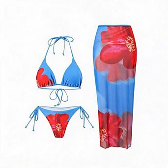 Elitechoice Women's 3 pc Bikini Set Mesh Cover-Up Skirt Beach Vacation Bathing Suit