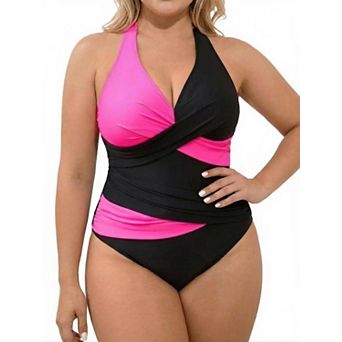 Elitechoice Plus Size One Piece Swimsuit Wrap V-Neck Color Block Bathing Suit