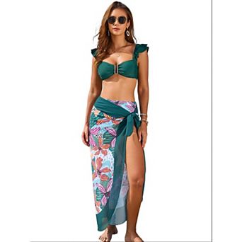 Elitechoice Women’s 3 pc Ruffle Strap Bikini Set Cover Up Skirt Floral Print Bathing Suit