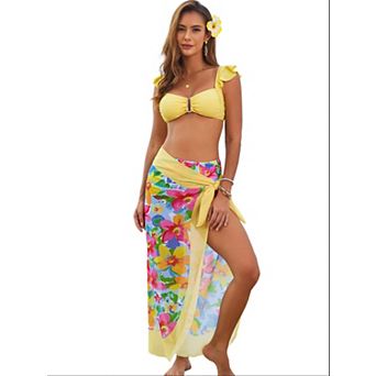 Elitechoice Women’s 3 pc Ruffle Strap Bikini Set Cover Up Skirt Floral Print Bathing Suit