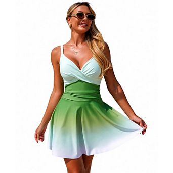 Women's Adjustable Strap Ombre One Piece Swimsuit Skirted Swimwear