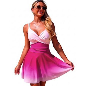 Women's Adjustable Strap Ombre One Piece Swimsuit Skirted Swimwear