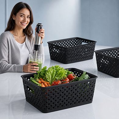 3 Pack Plastic Storage Baskets With Built In Handles For Home Office Organization