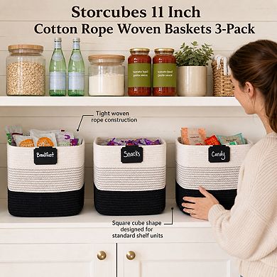 11 Inch Rope Woven Storage Baskets 3 Pack Cube Organizer Bins