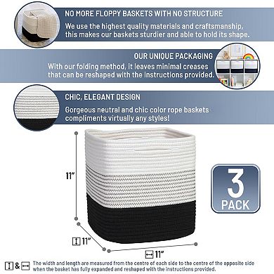11 Inch Rope Woven Storage Baskets 3 Pack Cube Organizer Bins