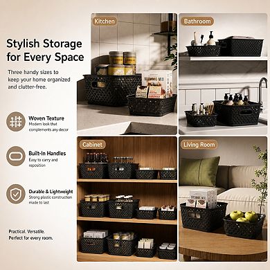 3 Pack Plastic Storage Baskets Durable Built in Handles Multi Purpose Organizer
