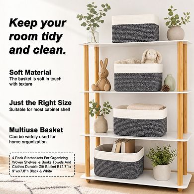 4 Pack Cotton Rope Storage Baskets Durable Rustic Home Organization For Shelves Closets