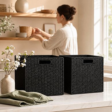 2 Pack Foldable Woven Paper Rope Storage Baskets With Handles For Organizing Decor