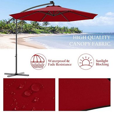 10Ft Solar LED Hanging Patio Sun Shade with Cross Base for Backyard Garden, Beige