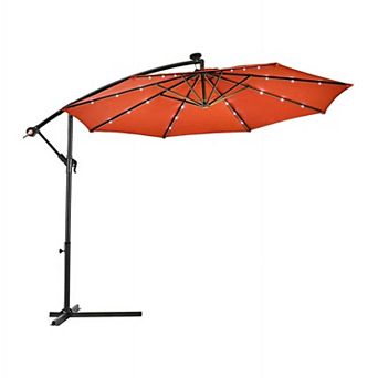 10Ft Solar LED Hanging Patio Sun Shade with Cross Base for Backyard Garden, Beige