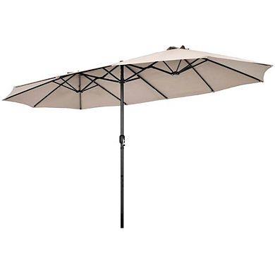 15ft Double-Sided Hand Crank Patio Umbrella Beige For Patio Backyard Garden