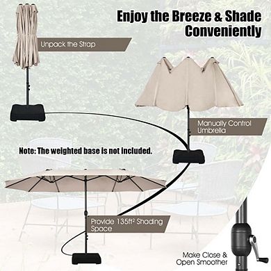 15ft Double-Sided Hand Crank Patio Umbrella Beige For Patio Backyard Garden