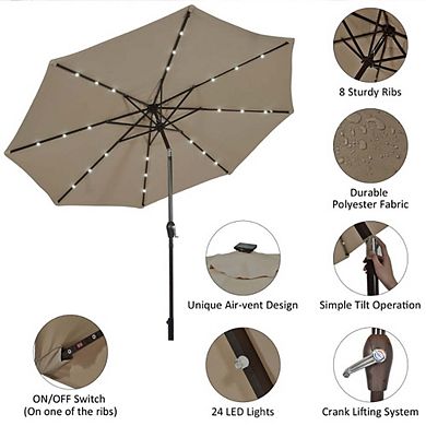 10ft Solar LED Market Patio Umbrella Crank Lift Tilt Control