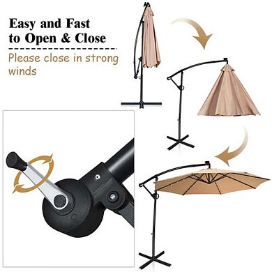 10ft 360° Rotate Solar LED Offset Patio Umbrella No Weight Base Gray Easy Tilt