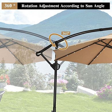 10ft 360° Rotate Solar LED Offset Patio Umbrella No Weight Base Gray Easy Tilt