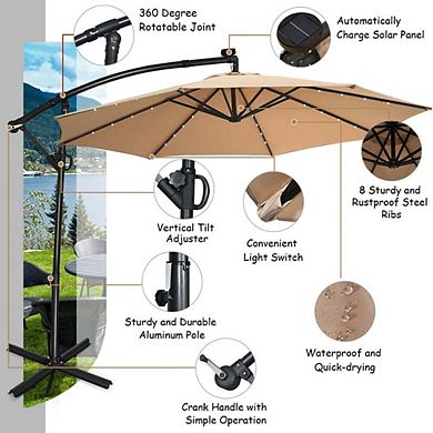10ft 360° Rotate Solar LED Offset Patio Umbrella No Weight Base Gray Easy Tilt