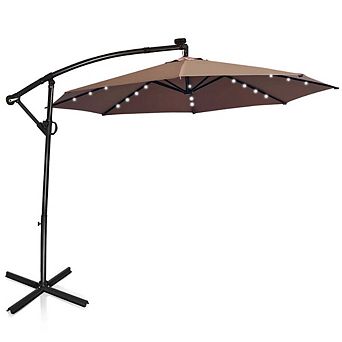 10ft 360° Rotate Solar LED Offset Patio Umbrella No Weight Base Gray Easy Tilt