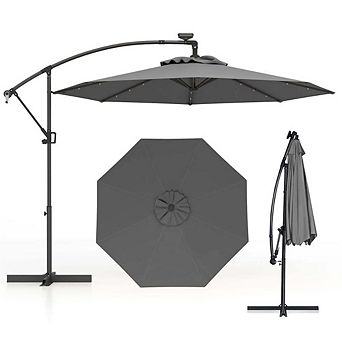 10ft 360° Rotate Solar LED Offset Patio Umbrella No Weight Base Gray Easy Tilt
