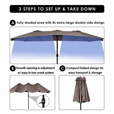 15ft Double-Sided Crank Patio Umbrella No Base Tan For Patio Backyard Garden