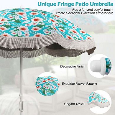 6.5ft UV Fringe Tassel Beach Umbrella Push Button Tilt White Outdoor Pool Shade