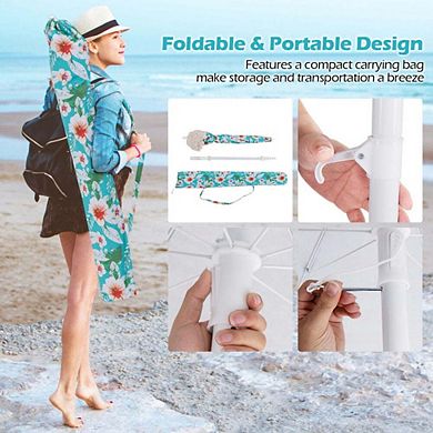 6.5ft UV Fringe Tassel Beach Umbrella Push Button Tilt White Outdoor Pool Shade