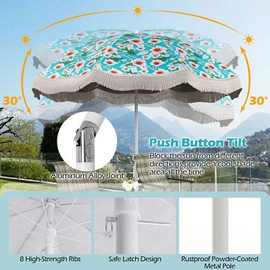 6.5ft UV Fringe Tassel Beach Umbrella Push Button Tilt White Outdoor Pool Shade