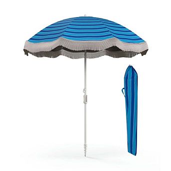 6.5ft UV Fringe Tassel Beach Umbrella Push Button Tilt White Outdoor Pool Shade