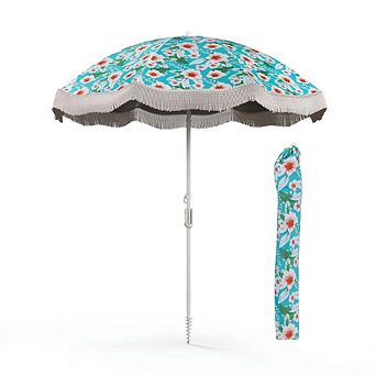 6.5ft UV Fringe Tassel Beach Umbrella Push Button Tilt White Outdoor Pool Shade