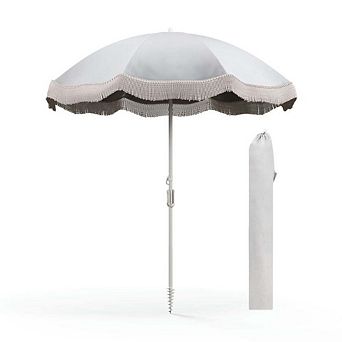 6.5ft UV Fringe Tassel Beach Umbrella Push Button Tilt White Outdoor Pool Shade