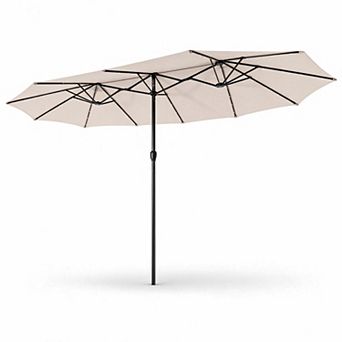 15ft Twin Patio Umbrella Built-In 48 Solar LED Lights Dark Red For Garden