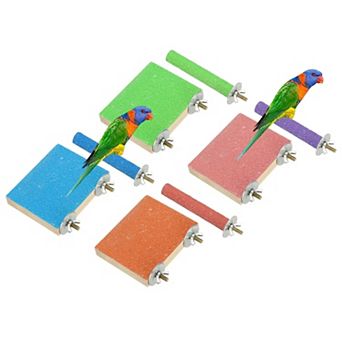 4 Sets Wooden Bird Perch Stand, Parrot Toy with Paw Grinding Stick for Cage Blue Green Orange Pink