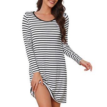Nightgowns for Women Long Sleeve Striped Crew Neck Midi Sleepwear with Bra Pads Comfy Nightdress