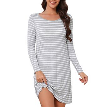 Nightgowns for Women Long Sleeve Striped Crew Neck Midi Sleepwear with Bra Pads Comfy Nightdress