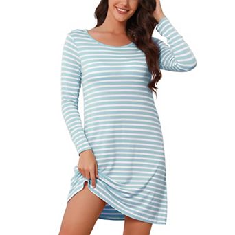 Nightgowns for Women Long Sleeve Striped Crew Neck Midi Sleepwear with Bra Pads Comfy Nightdress